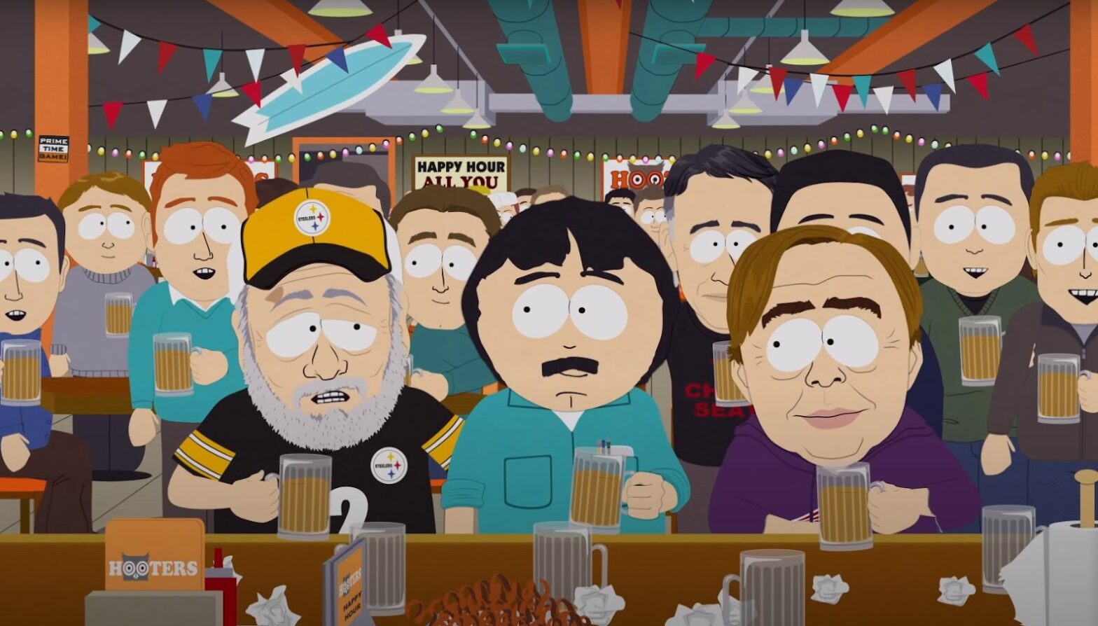 a shot from South Park’s “Broadway Bro Down” episode with random cartoon characters