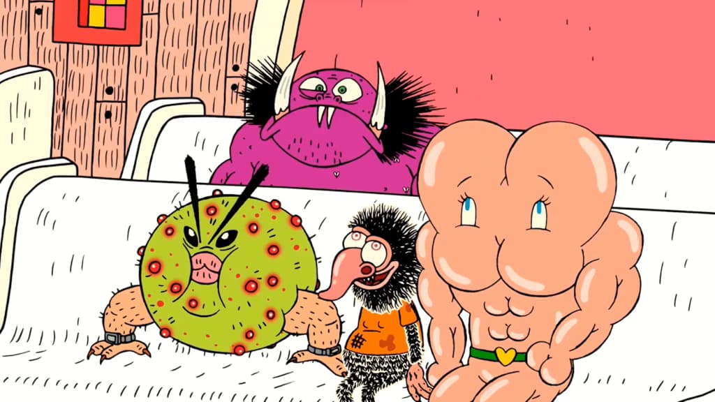 three quirky characters: a green pufferfish, a pink creature, and a muscle-clad figure on a couch