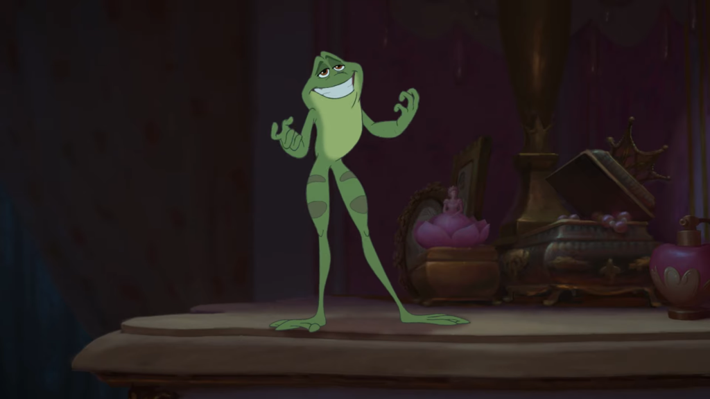 A green frog standing and gesturing with a smile in a regal room