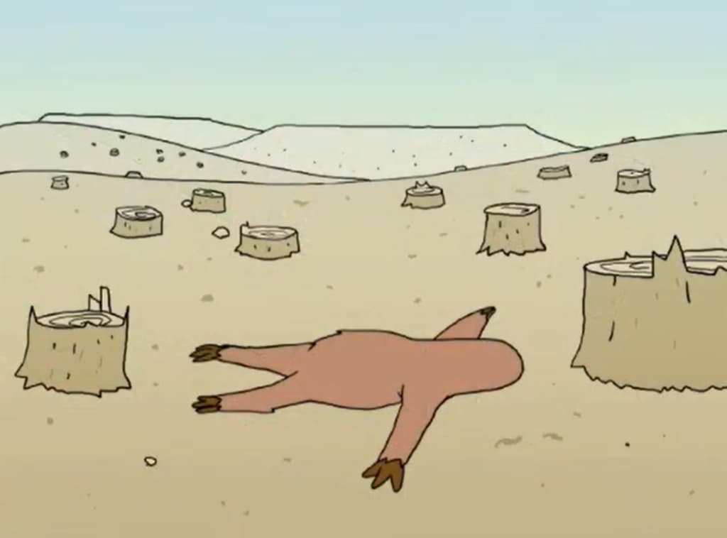 A cartoon sloth sprawled on the ground in a barren landscape with tree stumps