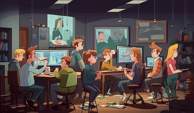 Caricature of people sitting at computers