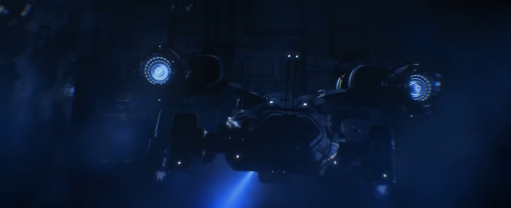 Futuristic robot with glowing eyes hovering in a dark, industrial space with atmospheric blue lighting