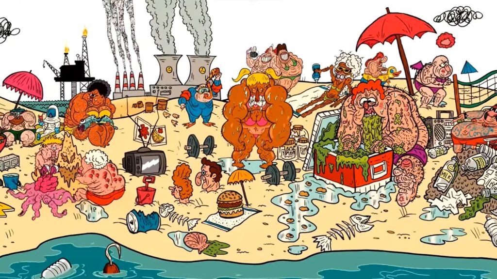 Detailed beach scene with various colorful characters, activities, and clutter under a bright sun