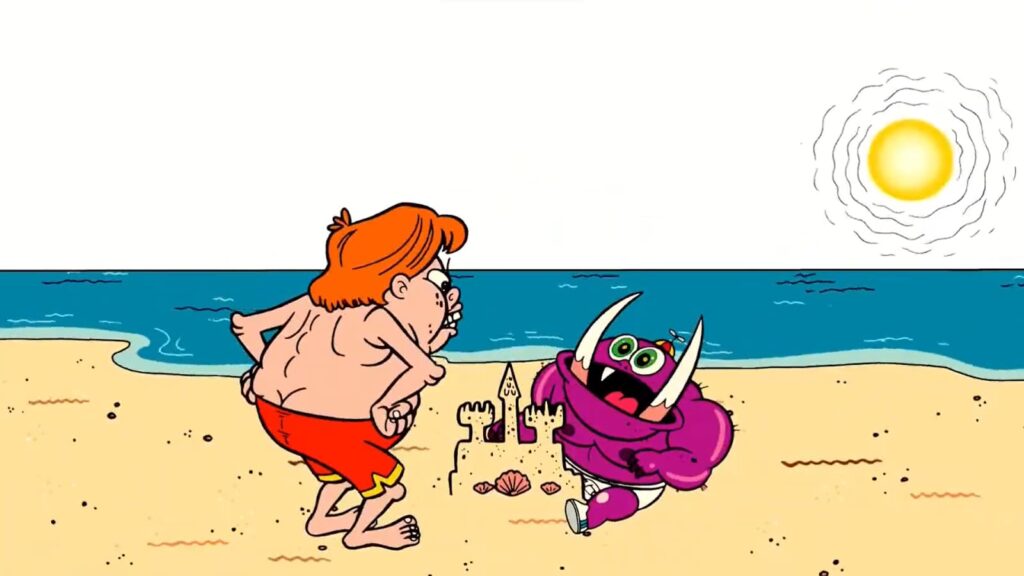 a boy in red shorts and a creature building a sandcastle on the beach under the sun