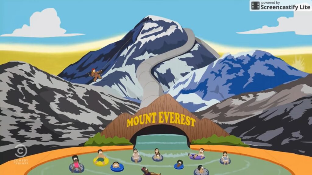Cartoon depiction of Mount Everest with a slide and characters in a pool at the base