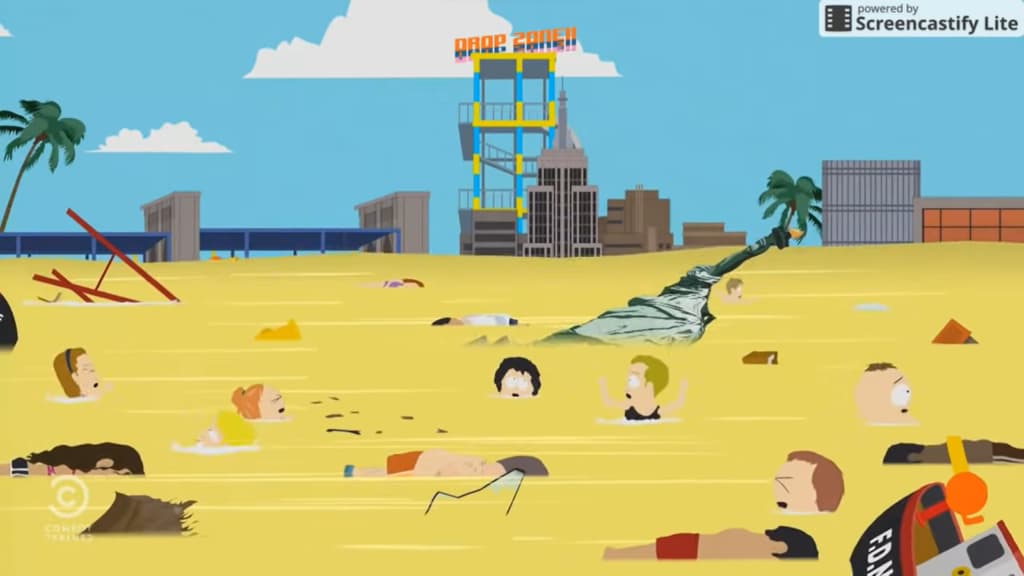 Animated characters stranded on a yellow "pee" flooded beach with a "Drop Zone" sign