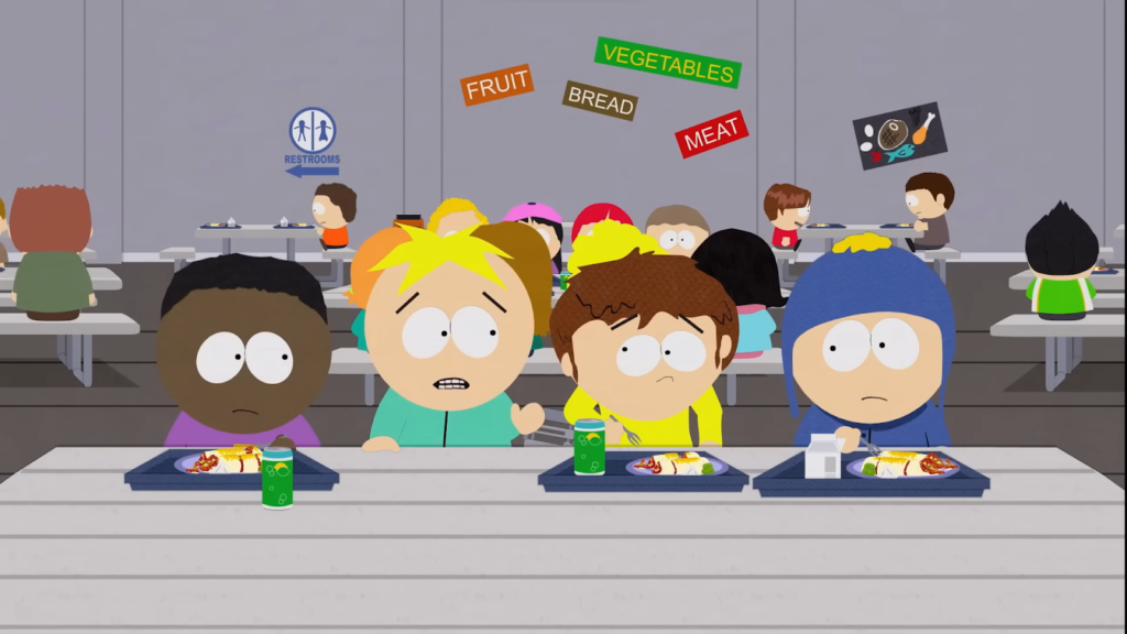 Animated kids sitting at a school cafeteria table with food trays