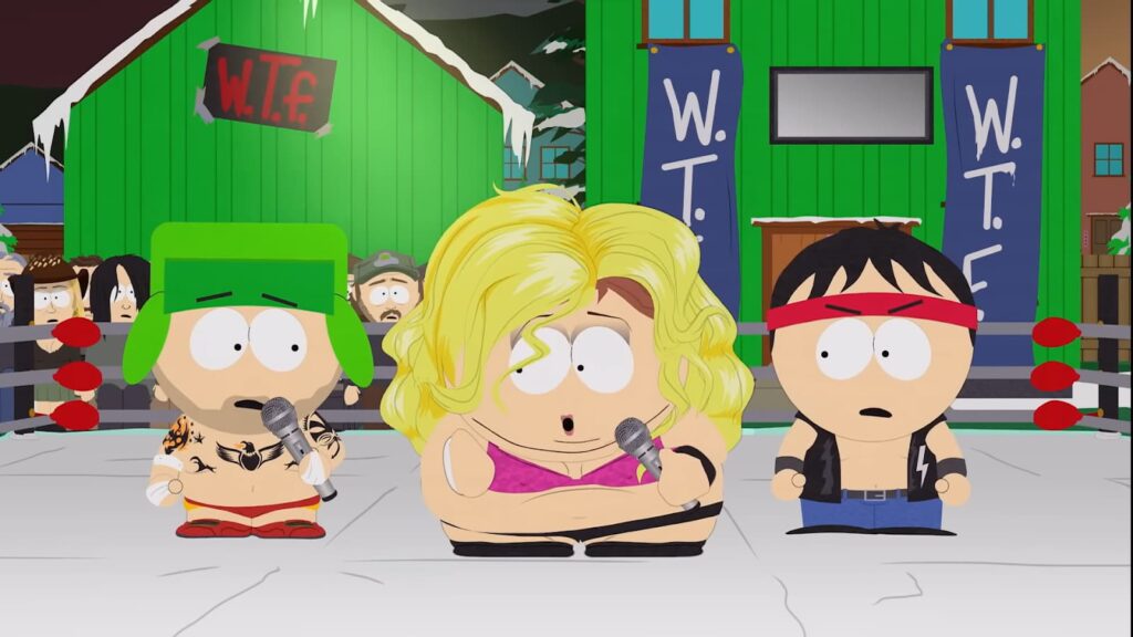 Cartoon children dressed as wrestlers speaking into microphones in a ring